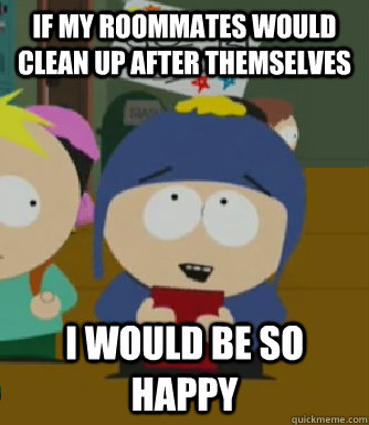If my roommates would clean up after themselves I would be so happy  Craig - I would be so happy