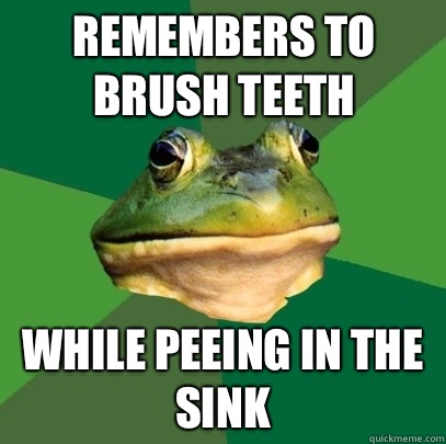Remembers to brush teeth While peeing in the sink  Foul Bachelor Frog