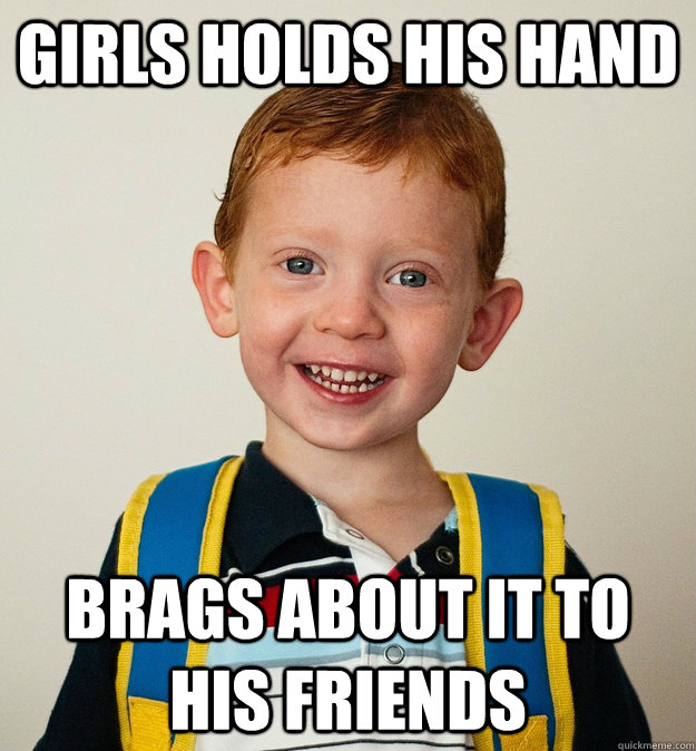 Girls holds his hand brags about it to his friends - Girls holds his hand brags about it to his friends  Pre-School Freshman