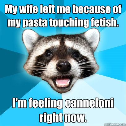 My wife left me because of my pasta touching fetish. I'm feeling canneloni right now.  Lame Pun Coon