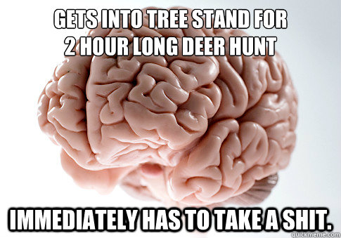 Gets into tree stand for 
2 hour long deer hunt Immediately has to take a shit.    Scumbag Brain