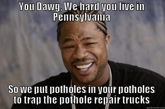 PA Potholes - YOU DAWG, WE HARD YOU LIVE IN PENNSYLVANIA SO WE PUT POTHOLES IN YOUR POTHOLES TO TRAP THE POTHOLE REPAIR TRUCKS Xzibit meme