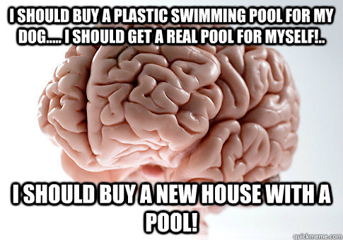 I should buy a plastic swimming pool for my dog..... I should get a real pool for myself!.. I should buy a new house with a pool!  Scumbag Brain