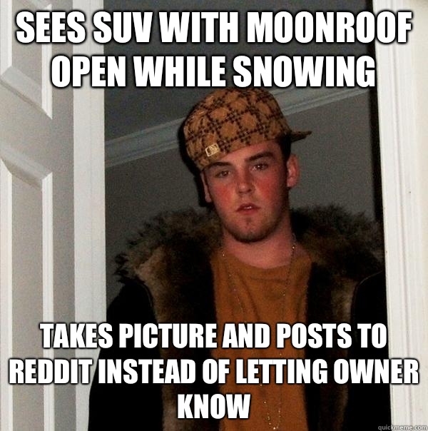 Sees SUV with moonroof open while snowing Takes picture and posts to reddit instead of letting owner know  Scumbag Steve
