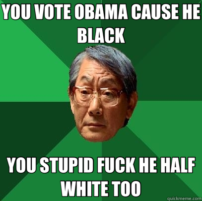 YOU VOTE OBAMA CAUSE HE BLACK YOU STUPID FUCK HE HALF WHITE TOO  High Expectations Asian Father