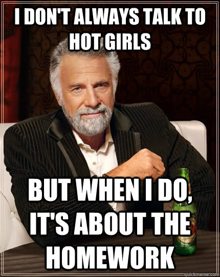 I don't always talk to hot girls but when I do, It's about the homework  The Most Interesting Man In The World