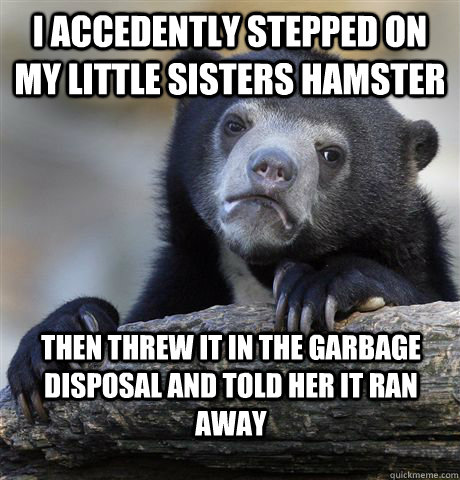 I accedently stepped on my little sisters hamster then threw it in the garbage disposal and told her it ran away  Confession Bear