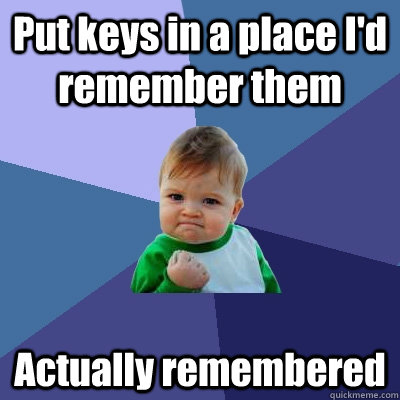 Put keys in a place I'd remember them Actually remembered  Success Kid