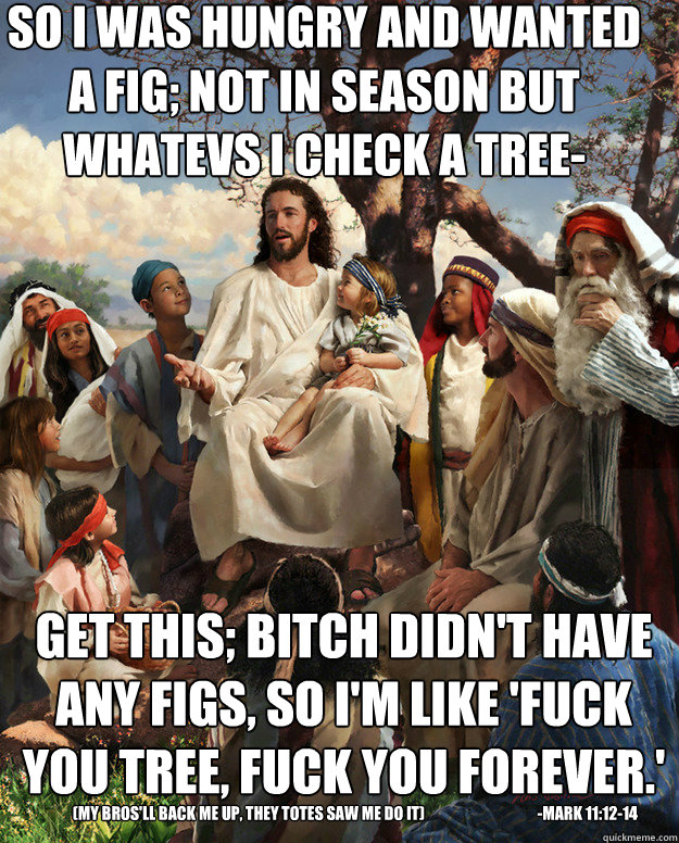 So I was hungry and wanted  a Fig; not in season but Whatevs I check a tree- get this; bitch didn't have any figs, so I'm like 'fuck you tree, fuck you forever.' (My bros'll back me up, they totes saw me do it)                                     -mark 11  Story Time Jesus