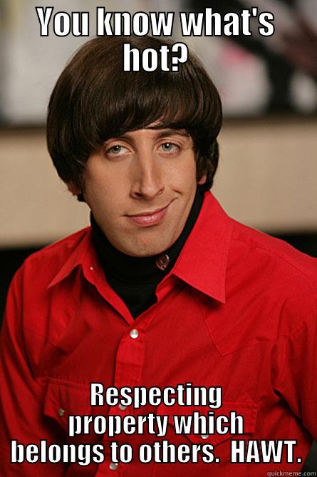 Respect other's property - YOU KNOW WHAT'S HOT? RESPECTING PROPERTY WHICH BELONGS TO OTHERS.  HAWT. Pickup Line Scientist