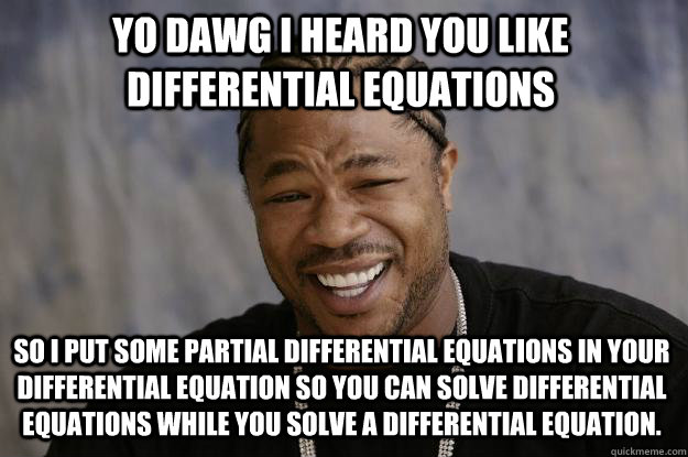 Yo Dawg i heard you like differential equations so I put some partial differential equations in your differential equation so you can solve differential equations while you solve a differential equation. - Yo Dawg i heard you like differential equations so I put some partial differential equations in your differential equation so you can solve differential equations while you solve a differential equation.  Xzibit meme