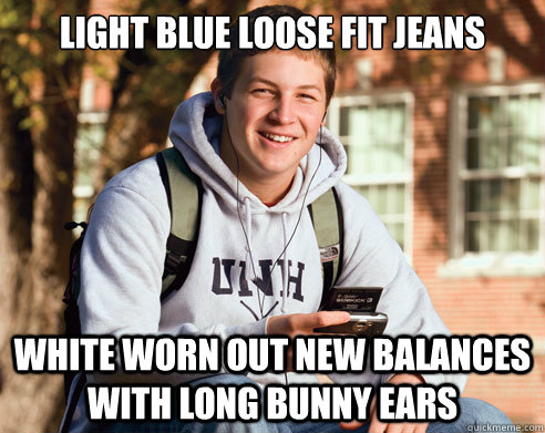 light blue loose fit jeans white worn out new balances with long bunny ears  College Freshman