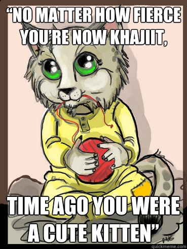 “No matter how fierce you’re now Khajiit, time ago you were a cute kitten”  cute kitten