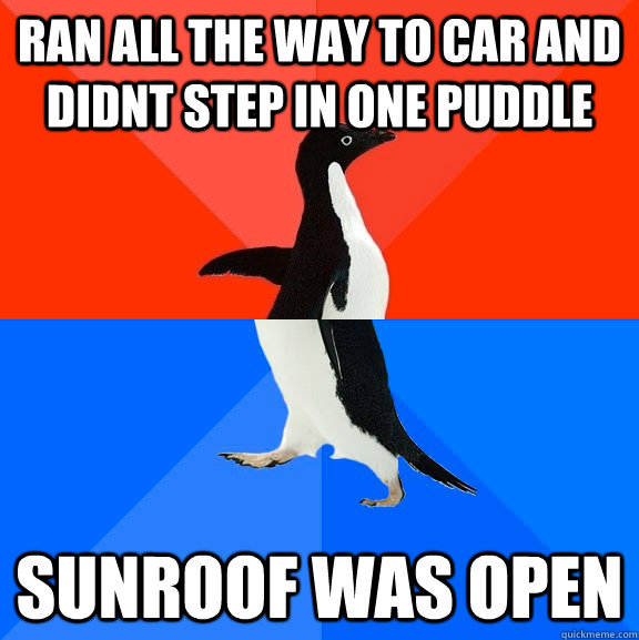 Ran all the way to car and didnt step in one puddle sunroof was open  Socially Awesome Awkward Penguin