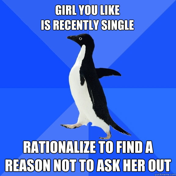 girl you like 
is recently single rationalize to find a reason not to ask her out  Socially Awkward Penguin