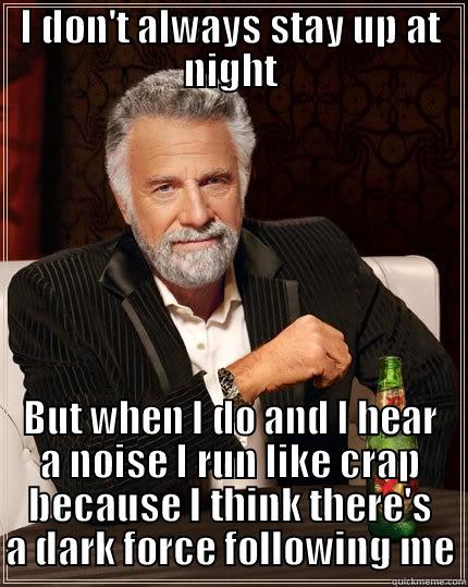 I DON'T ALWAYS STAY UP AT NIGHT BUT WHEN I DO AND I HEAR A NOISE I RUN LIKE CRAP BECAUSE I THINK THERE'S A DARK FORCE FOLLOWING ME The Most Interesting Man In The World