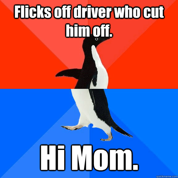 Flicks off driver who cut him off. Hi Mom.  Socially Awesome Awkward Penguin