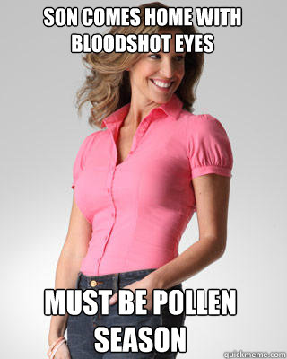 Son comes home with bloodshot eyes must be pollen season - Son comes home with bloodshot eyes must be pollen season  Oblivious Suburban Mom