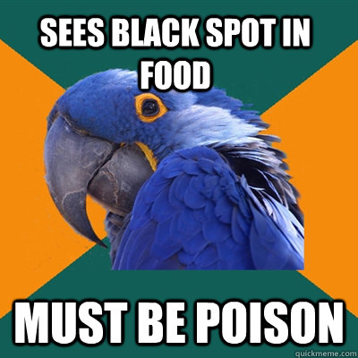 sees black spot in food Must be poison  Paranoid Parrot