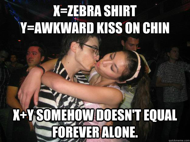 x=zebra shirt
y=Awkward kiss on chin x+Y somehow doesn't equal forever alone. - x=zebra shirt
y=Awkward kiss on chin x+Y somehow doesn't equal forever alone.  Misc