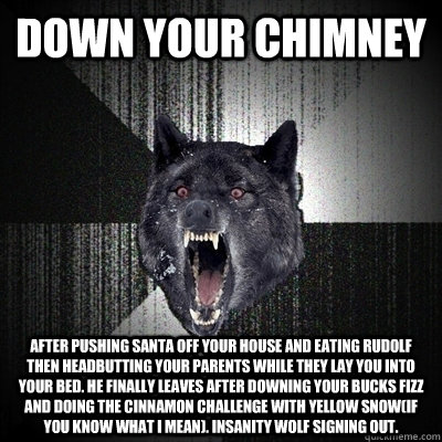 down your chimney after pushing santa off your house and eating Rudolf then headbutting your parents while they lay you into your bed. he finally leaves after downing your bucks fizz and doing the cinnamon challenge with yellow snow(if you know what I mea  Bullets - Insanity wolf