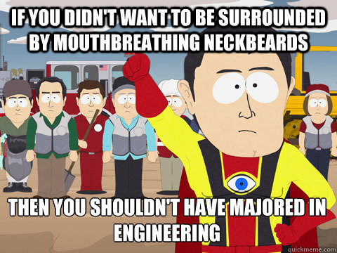 if you didn't want to be surrounded by mouthbreathing neckbeards then you shouldn't have majored in engineering  Captain Hindsight