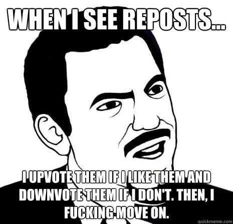 When i see reposts... i upvote them if i like them and downvote them if i don't. Then, I fucking move on.  