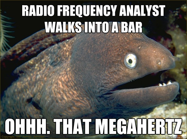 radio frequency analyst walks into a bar ohhh. That Megahertz  Bad Joke Eel