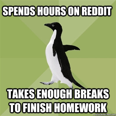 spends hours on reddit takes enough breaks to finish homework   Socially Average Penguin