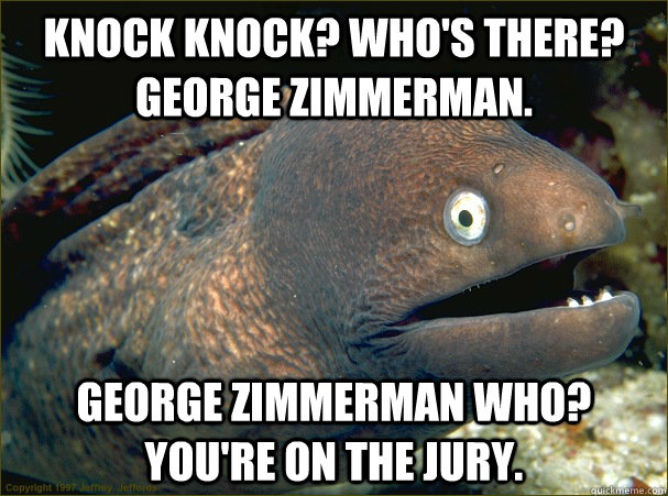 knock knock? who's there? George Zimmerman. George Zimmerman who? You're on the jury.  Bad Joke Eel