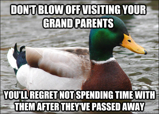 Don't blow off visiting your grand parents you'll regret not spending time with them after they've passed away - Don't blow off visiting your grand parents you'll regret not spending time with them after they've passed away  Actual Advice Mallard