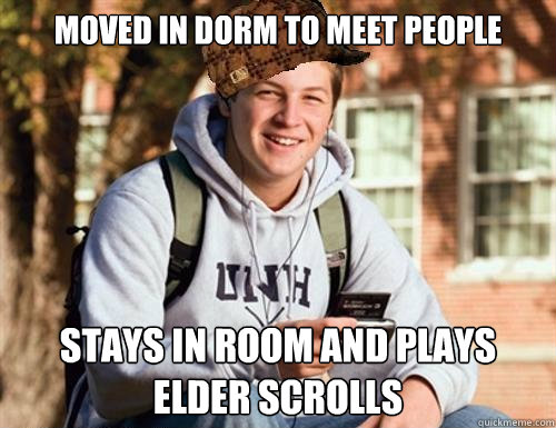 moved in dorm to meet people stays in room and plays elder scrolls  College Freshman