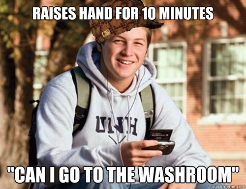 Raises hand for 10 minutes 