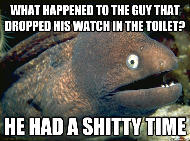What happened to the guy that dropped his watch in the toilet? he had a shitty time - What happened to the guy that dropped his watch in the toilet? he had a shitty time  Bad Joke Eel