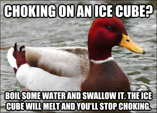 Choking on an ice cube? Boil some water and swallow it. The ice cube will melt and you'll stop choking.  Malicious Advice Mallard