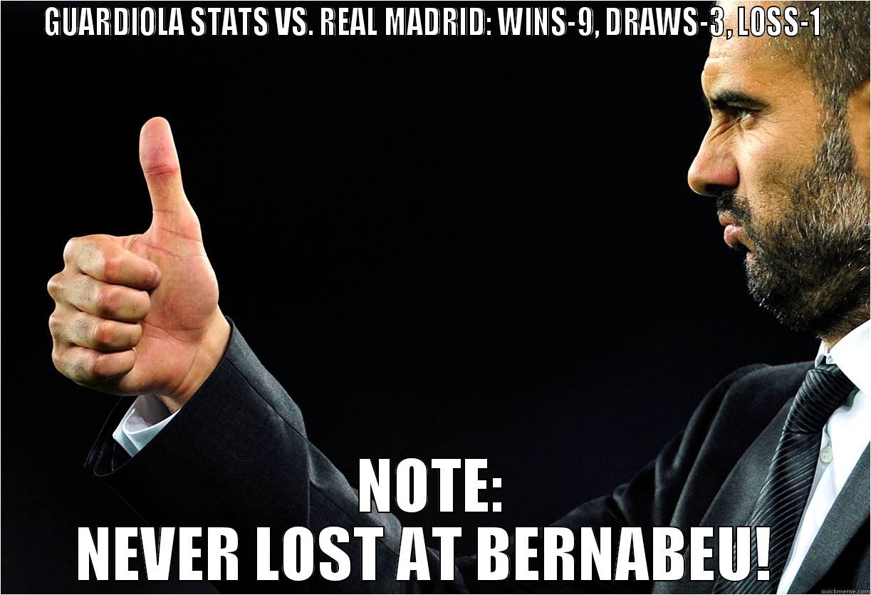 funny coach - GUARDIOLA STATS VS. REAL MADRID: WINS-9, DRAWS-3, LOSS-1 NOTE: NEVER LOST AT BERNABEU!  Misc