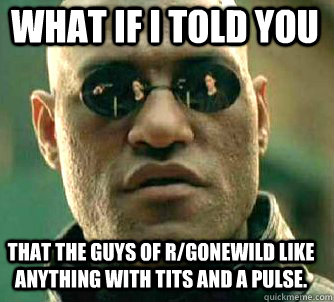 what if i told you That the guys of R/Gonewild like anything with tits and a pulse.   Matrix Morpheus