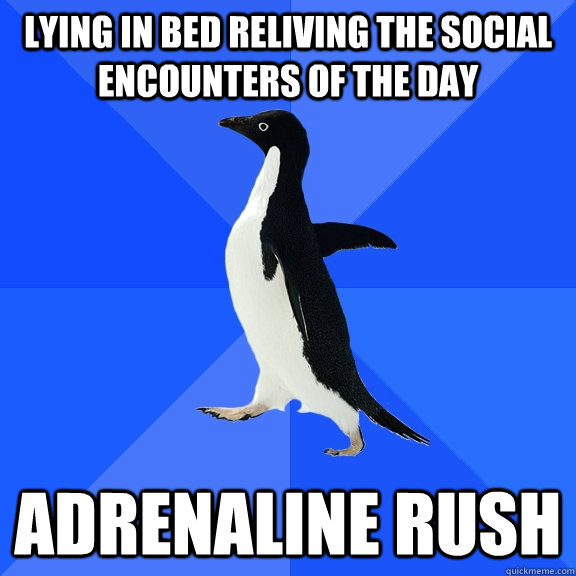 Lying in bed reliving the social encounters of the day Adrenaline rush  Socially Awkward Penguin