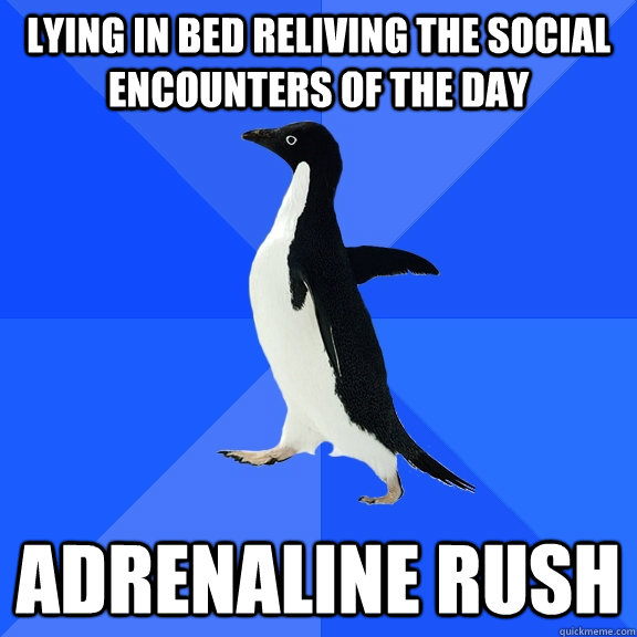 Lying in bed reliving the social encounters of the day Adrenaline rush - Lying in bed reliving the social encounters of the day Adrenaline rush  Socially Awkward Penguin