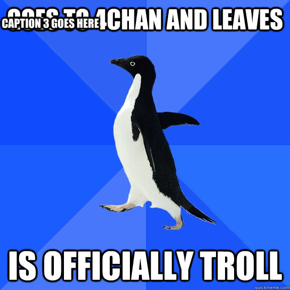 goes to 4chan and leaves is officially troll Caption 3 goes here  Socially Awkward Penguin
