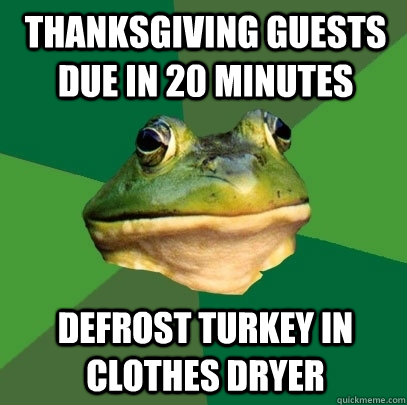 thanksgiving guests due in 20 minutes defrost turkey in clothes dryer  Foul Bachelor Frog