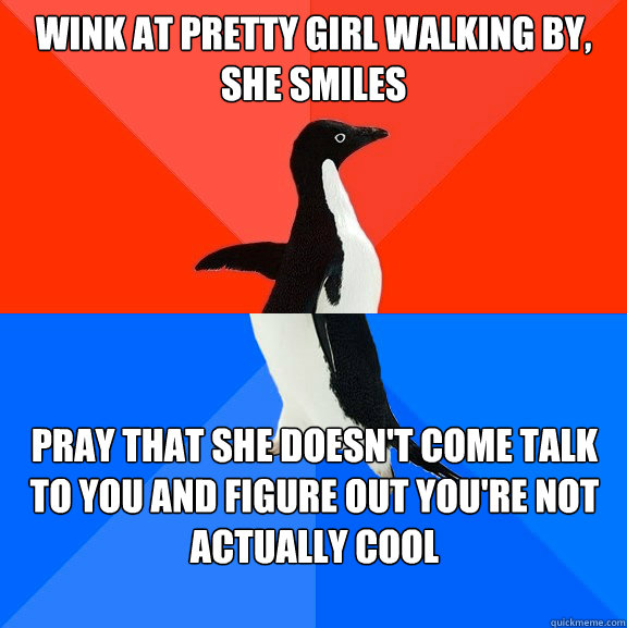 Wink at pretty girl walking by, she smiles pray that she doesn't come talk to you and figure out you're not actually cool  Socially Awesome Awkward Penguin