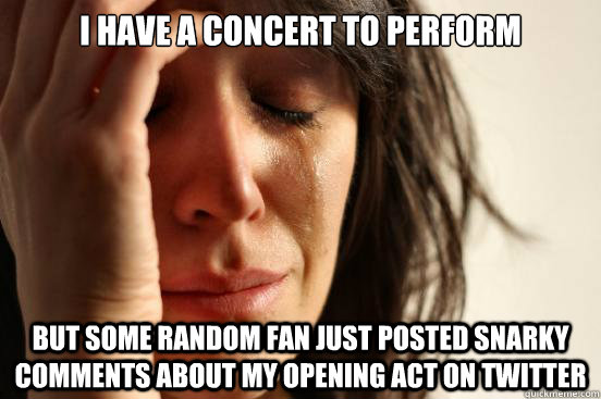 i have a concert to perform but some random fan just posted snarky comments about my opening act on twitter  First World Problems