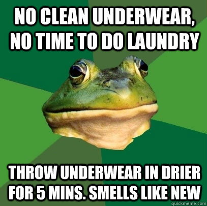 No clean underwear, no time to do laundry Throw underwear in drier for 5 mins. Smells Like new  Foul Bachelor Frog