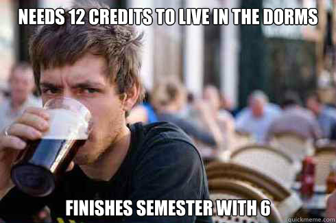 needs 12 credits to live in the dorms Finishes semester with 6  Lazy College Senior