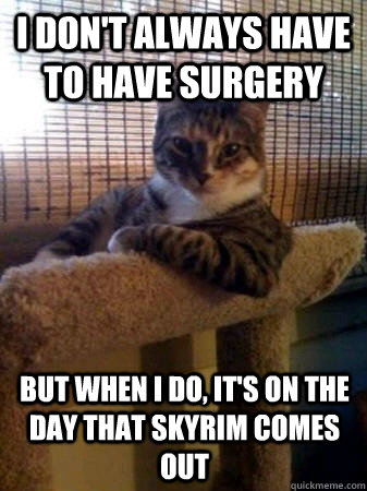 I don't always have to have surgery but when I do, it's on the  day that Skyrim comes out  The Most Interesting Cat in the World