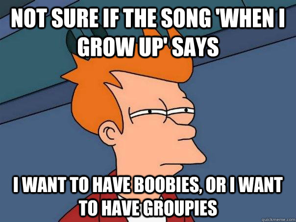 Not sure if the song 'When i grow up' says I want to have boobies, or I want to have groupies  Futurama Fry