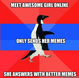 Meet awesome girl online Only sends her memes She answers with better memes - Meet awesome girl online Only sends her memes She answers with better memes  Socially awesome awkward awesome penguin