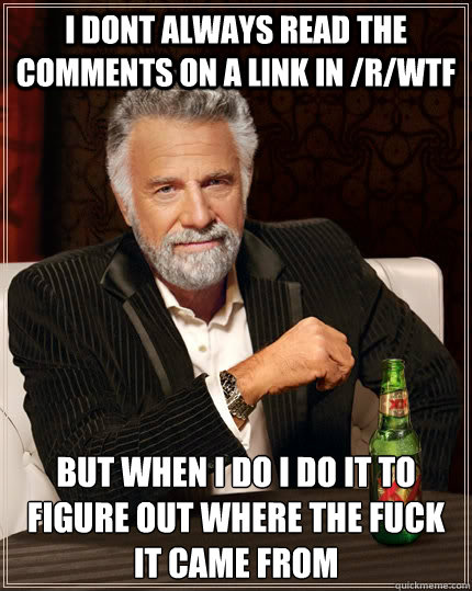 i dont always read the comments on a link in /r/WTf but when i do i do it to figure out where the fuck it came from  The Most Interesting Man In The World
