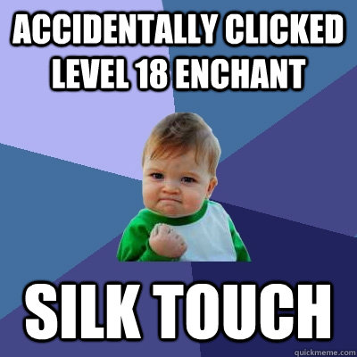 Accidentally clicked level 18 enchant Silk Touch   Success Kid